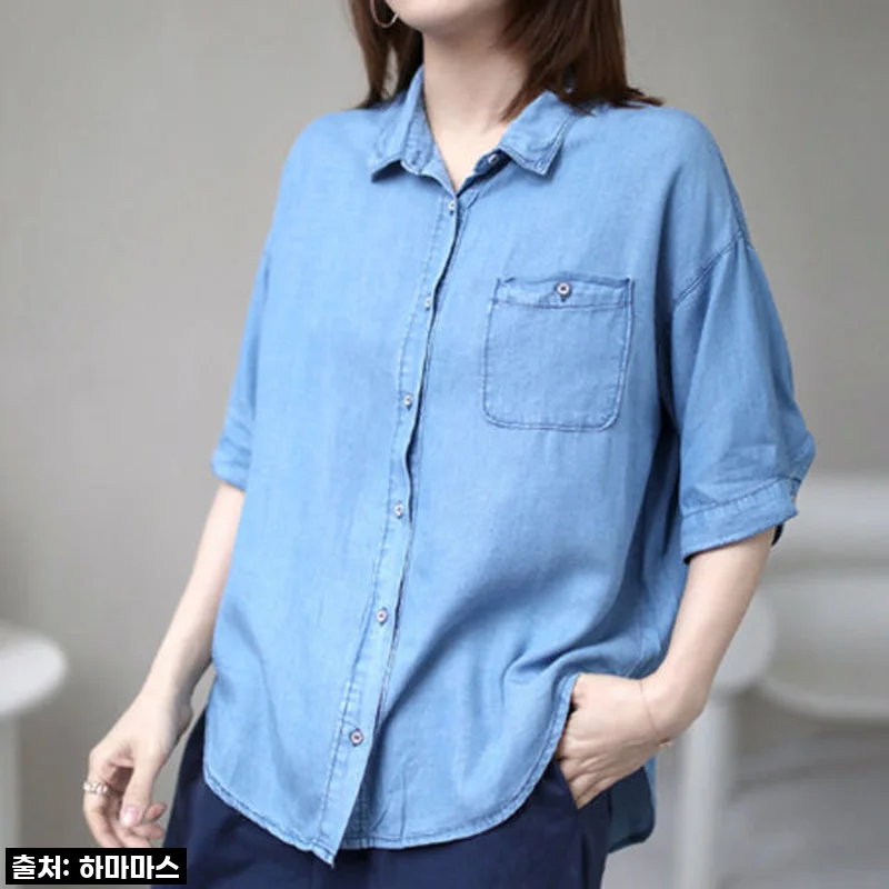 이슈템! 4050 미시룩 완성! 여름 반팔 텐셀데님셔츠 찐내돈내산 후기!